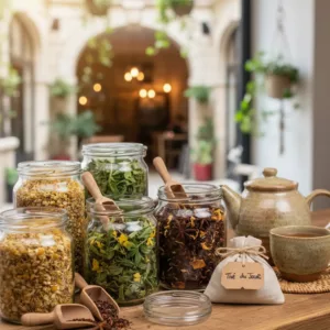 Thés en vrac dans des bocaux en verre
