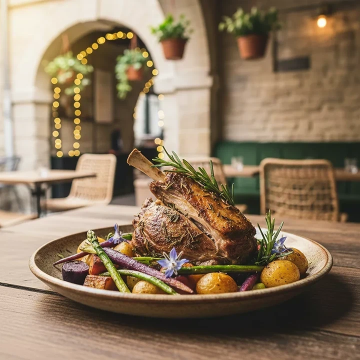 Une épaule d'agneau rôtie et braisée, présentée avec son os, disposée sur un lit de légumes de saison.