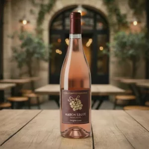 Une bouteille de vin rosé « Maison Légué » originaire de la Loire, posée sur une table en bois clair.