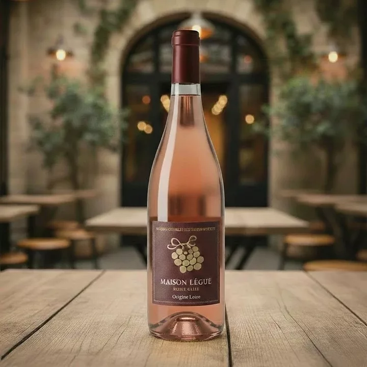 Une bouteille de vin rosé « Maison Légué » originaire de la Loire, posée sur une table en bois clair.