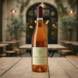 Une bouteille de vin blanc « Maison Légué » (Origine Loire) posée au centre d'une table en bois clair.