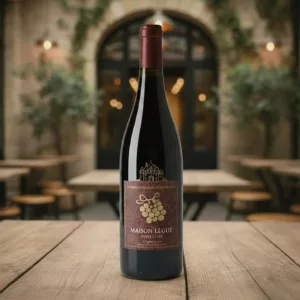 Une bouteille de vin rouge naturel « Maison Légué » (Origine Loire) posée sur une table en bois clair.